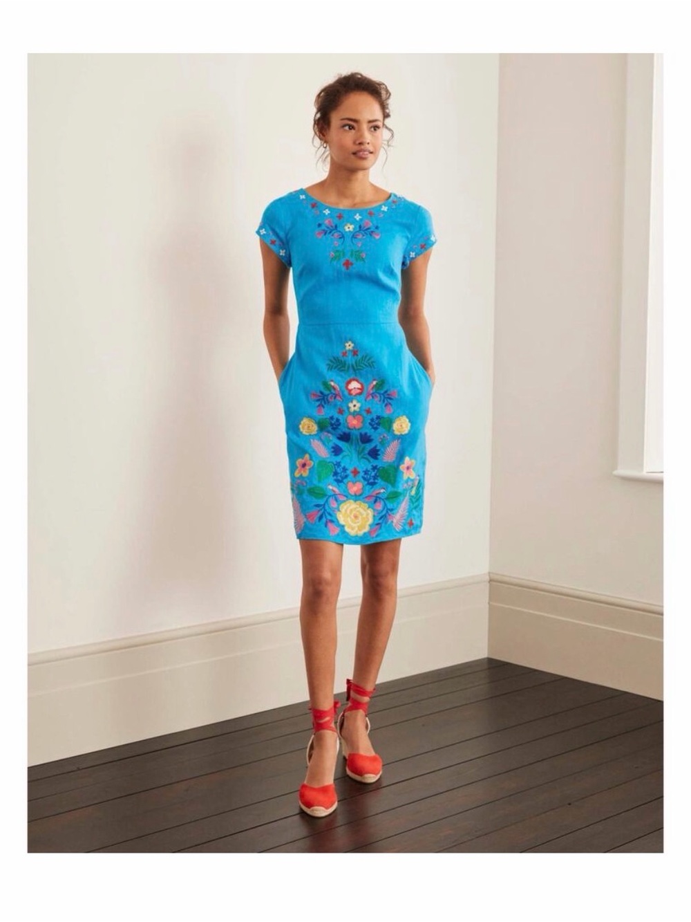 Boden Linen Laura Bright Blue Floral Embroidered Mini Dress 6R